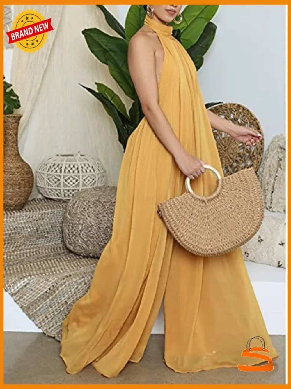 Sexy Halter Neck Sleeveless Chiffon Wide Leg Jumpsuit Romper One Piece